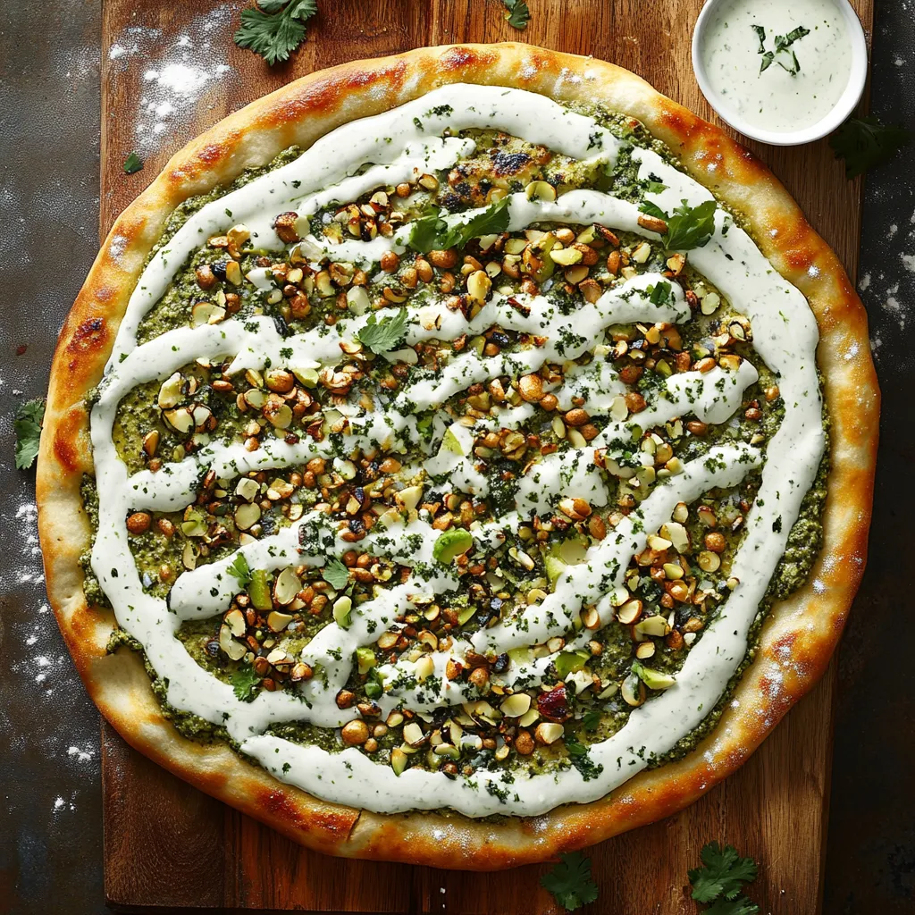 Une pizza avec sauce blanche et graines par-dessus.