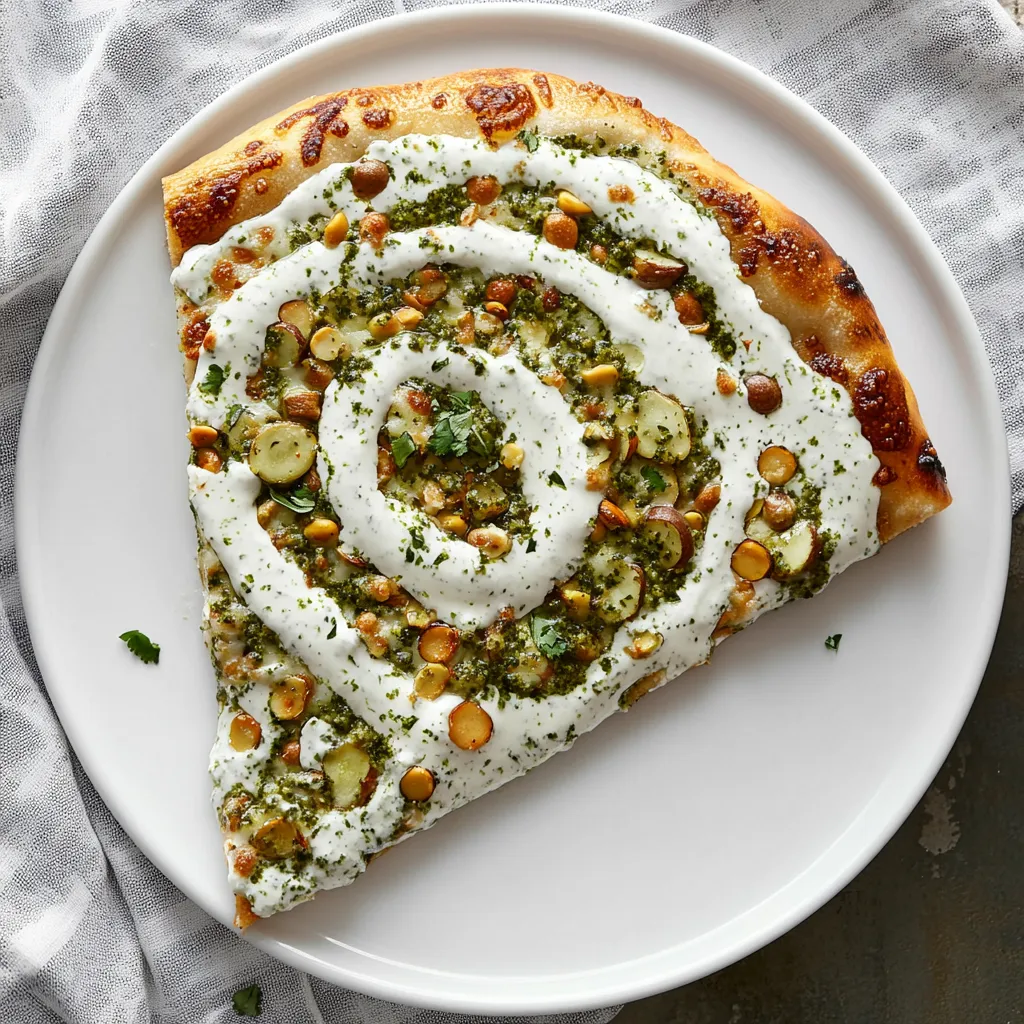 Une part de pizza avec sauce blanche et garnitures.