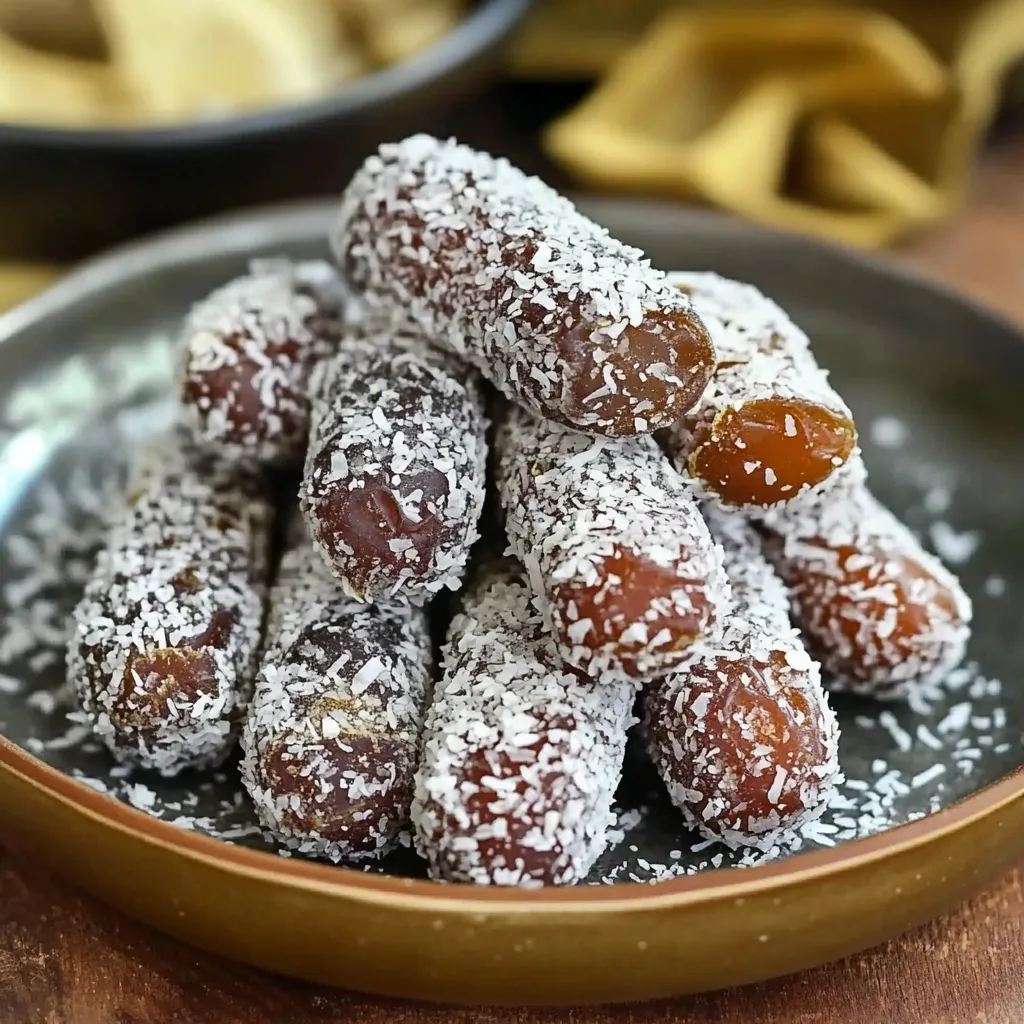 Une assiette de rouleaux aux dattes saupoudrés de noix de coco.