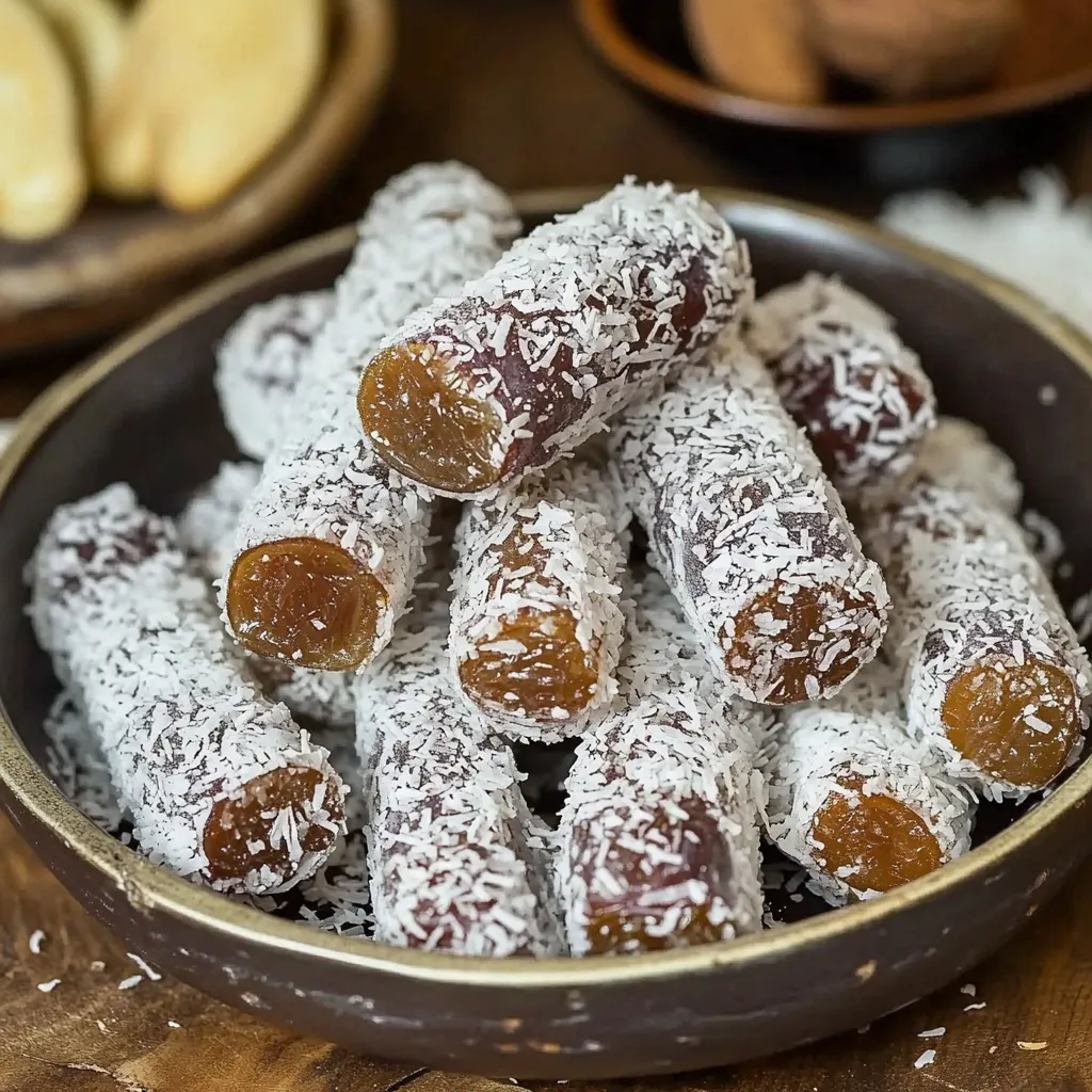 Un bol rempli de rouleaux aux dattes enrobés de noix de coco.