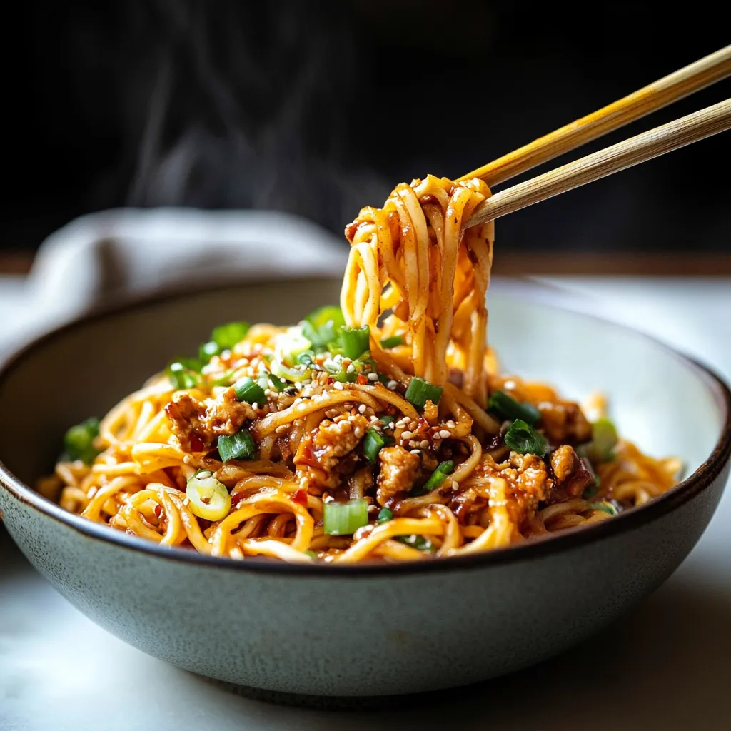 Bol de noodles avec poulet et légumes.