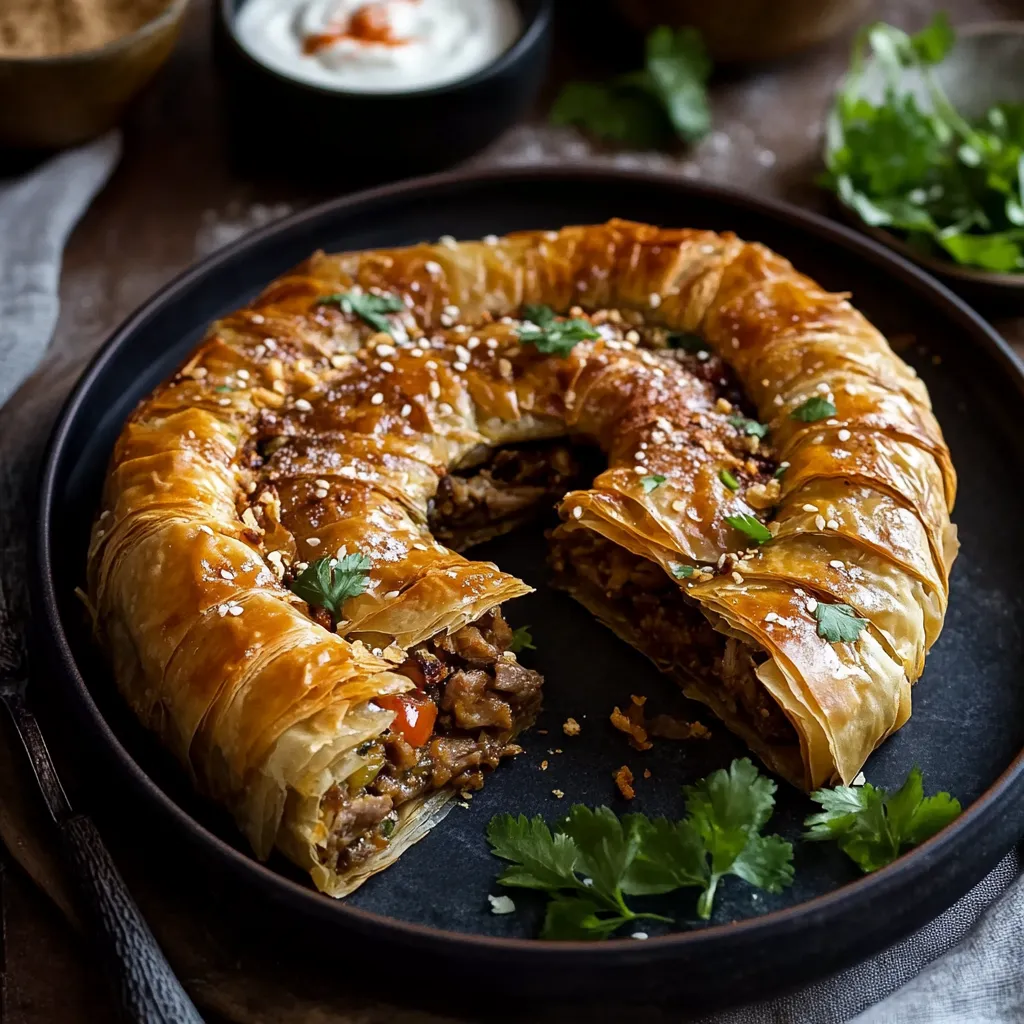 Une pâtisserie avec de la viande et du fromage à l'intérieur.