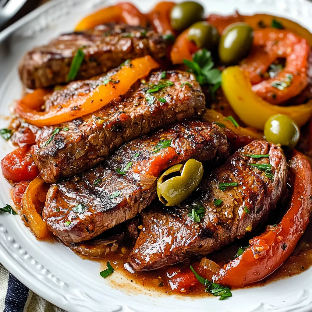 Une assiette de steak avec poivrons et olives.
