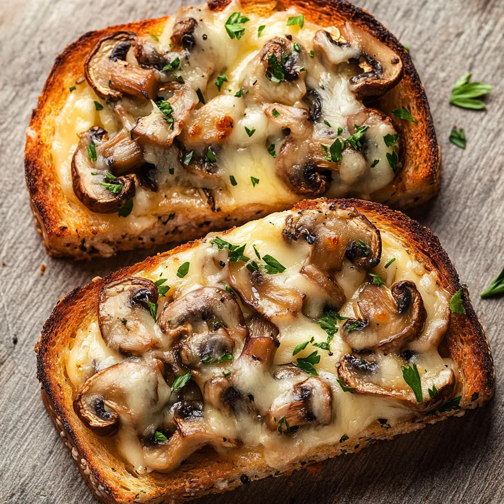 Deux tartines aux champignons gratinées.