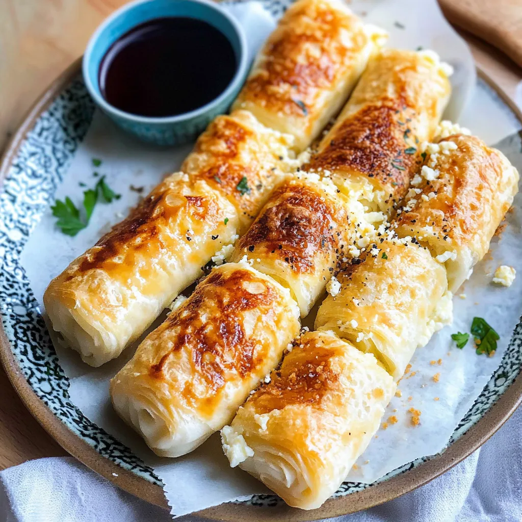 Une assiette avec des roulés et un bol de sauce.