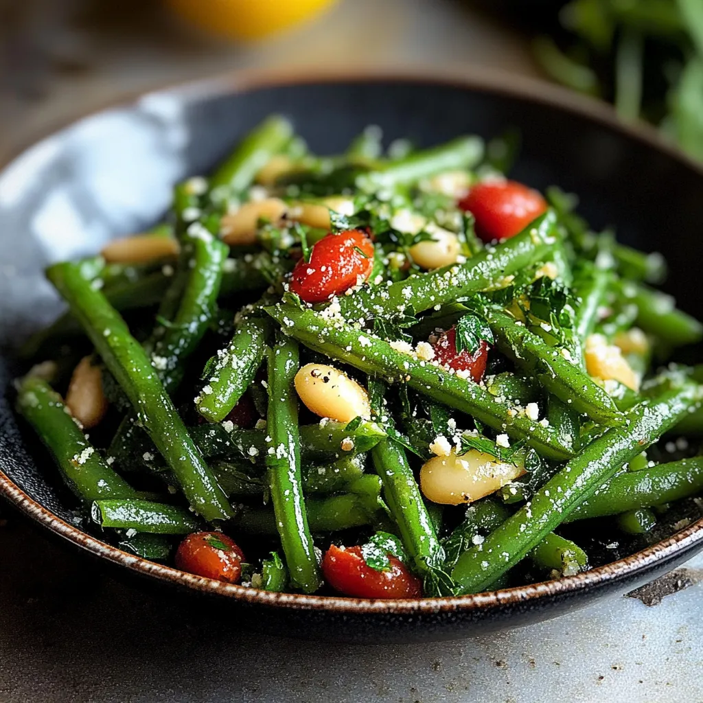 Un plat d'haricots verts avec tomates et fromage.
