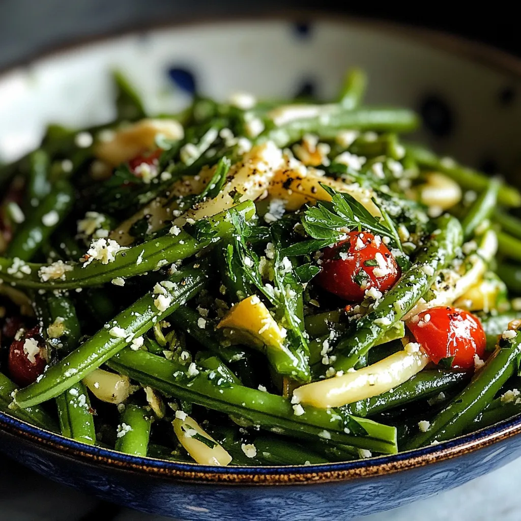 Un bol de haricots verts avec fromage et tomates.