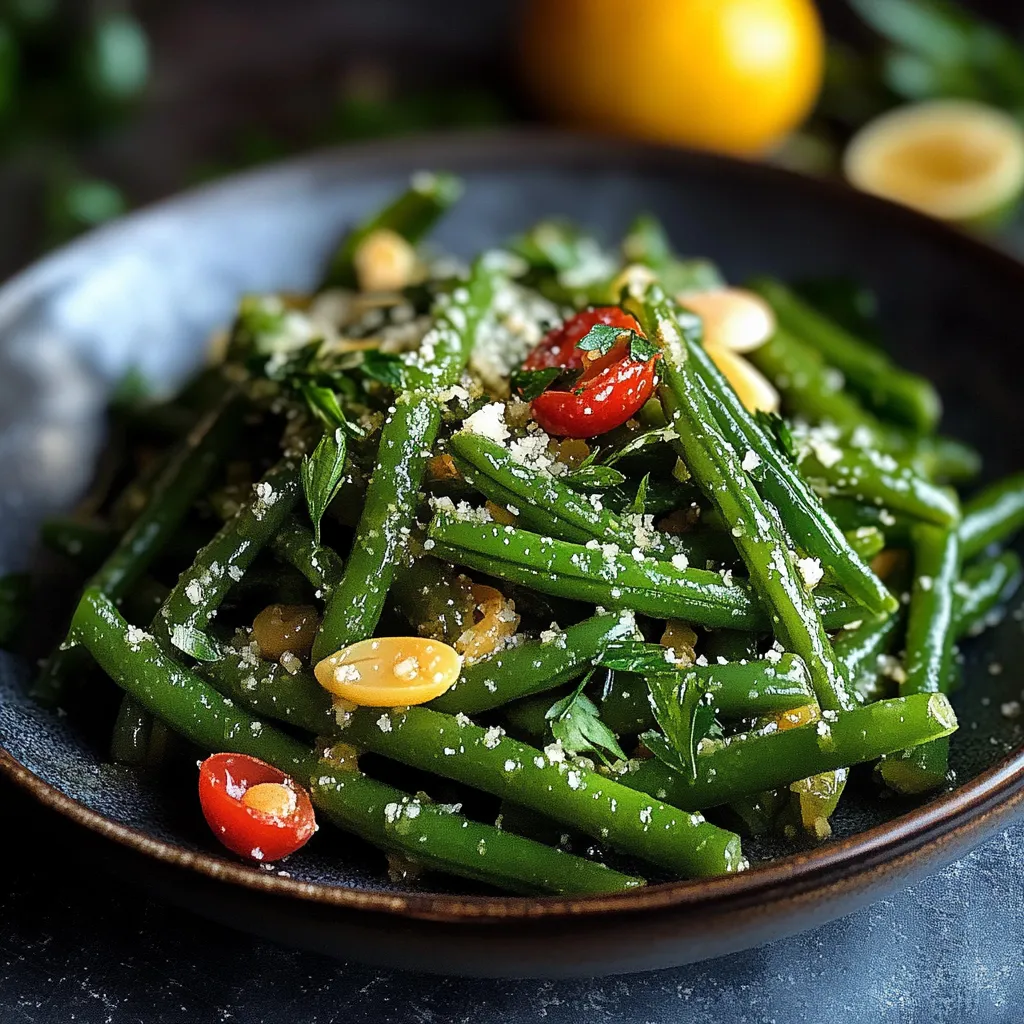 Une assiette de haricots verts avec fromage et noix.