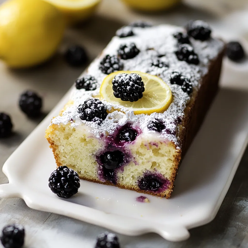 Une part de gâteau aux mûres et citron avec décorations.