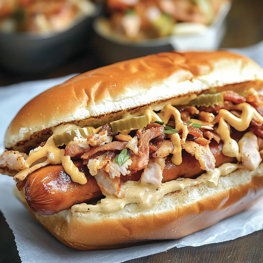 Un hot dog avec du bacon, des oignons, et de la sauce.