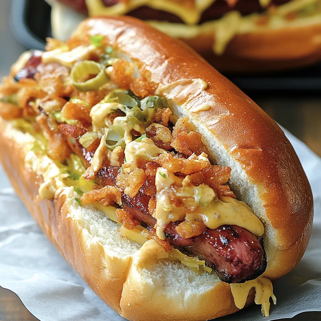 Un hot dog avec des oignons et de la moutarde.