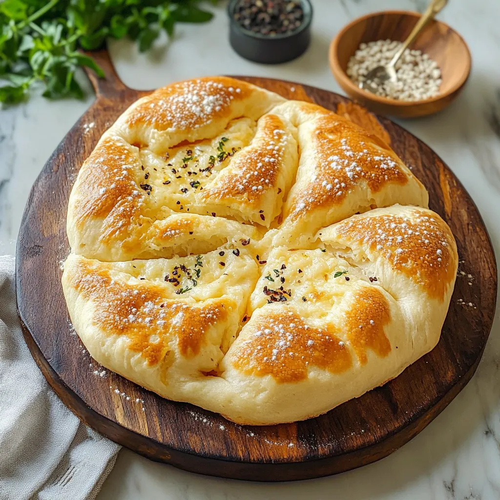 Un pain cuit avec du fromage blanc et des herbes sur le dessus.