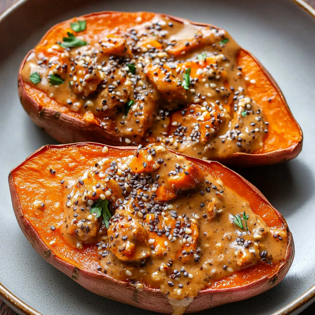 Deux morceaux de patate douce avec une sauce brune.