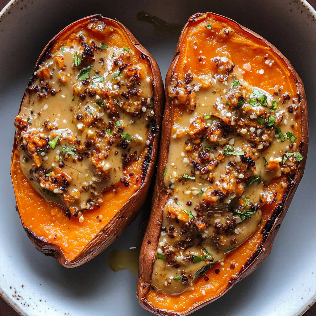 Two roasted sweet potatoes with a brown sauce.