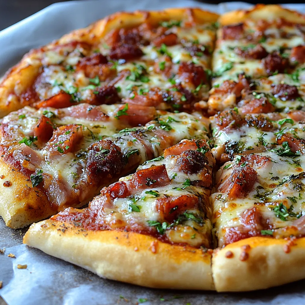 Une pizza garnie de viande et de fromage dans une poêle.