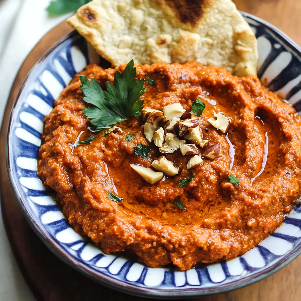 Une assiette garnie d'une tartinade rouge avec des noix.