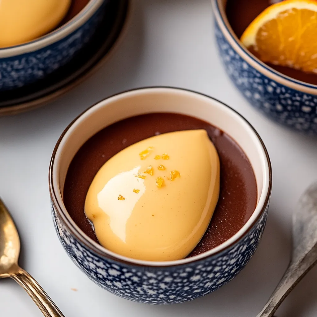 Un bol de crème chocolat avec un quartier de citron sur le dessus.