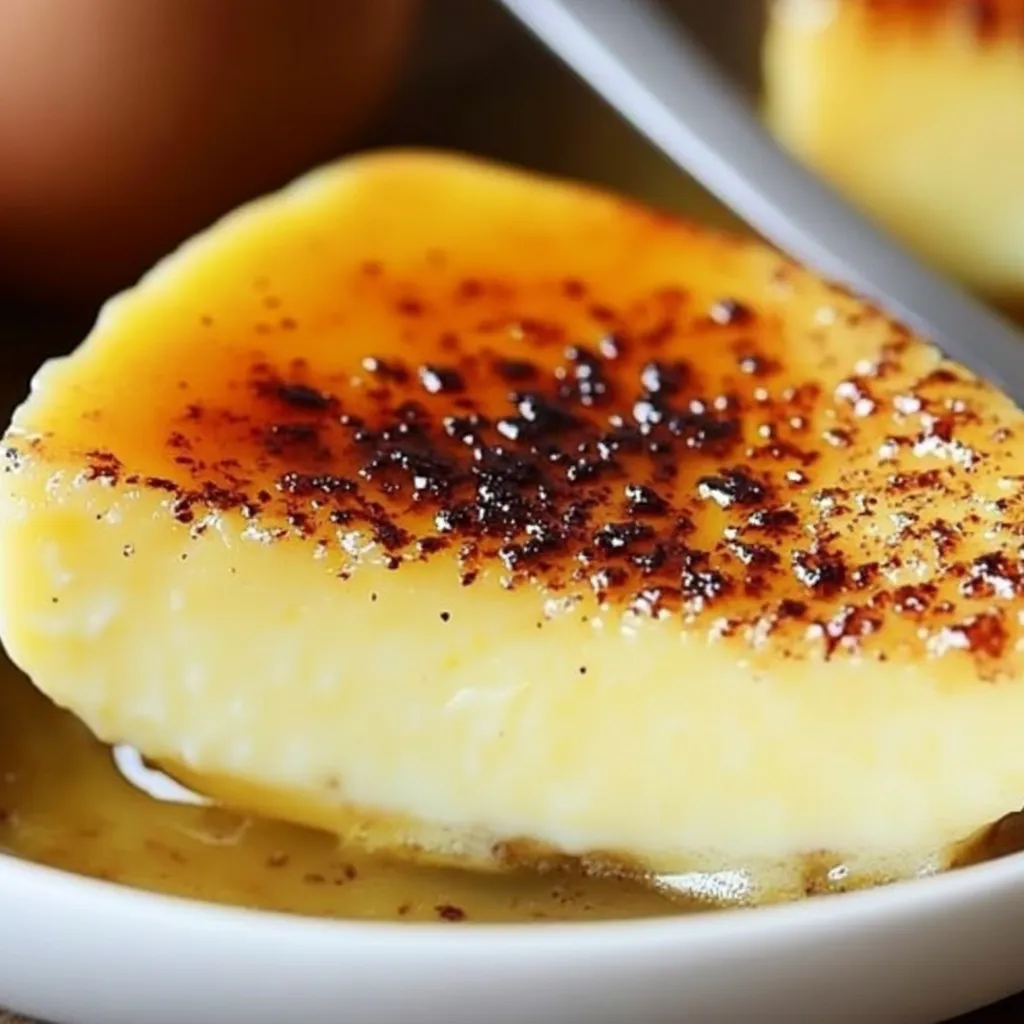 Un flan sur une assiette avec une cuillère.