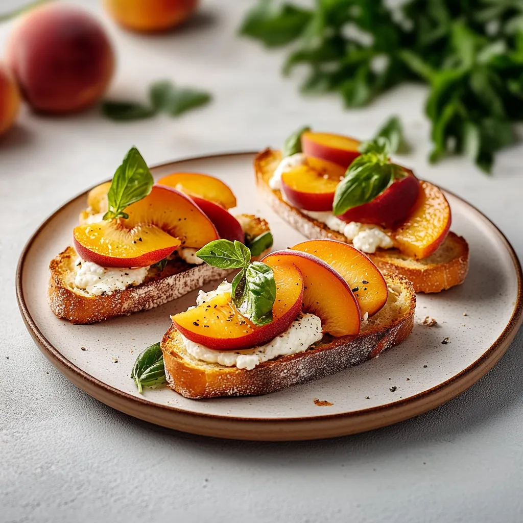 Des toasts garnis de pêches et de basilic sur une assiette.