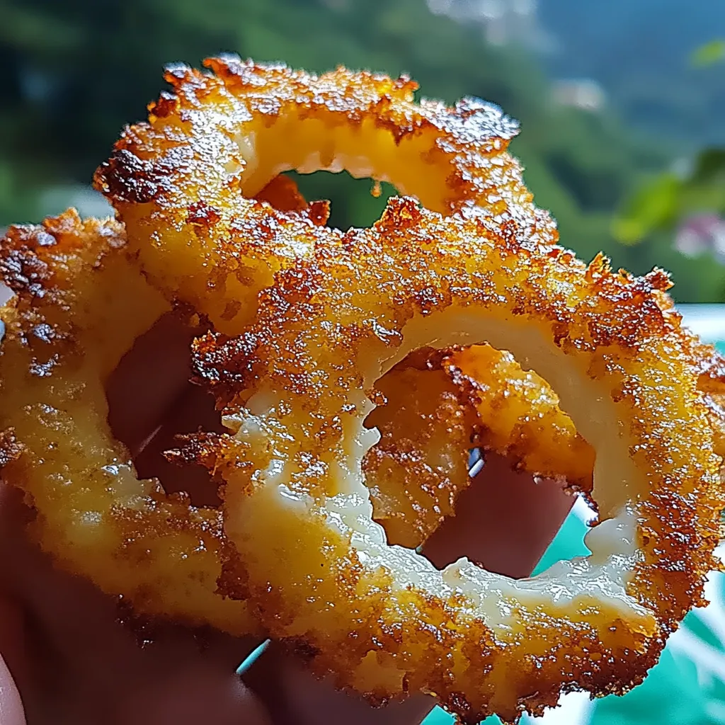 Une main tenant un anneau d'oignon frit.