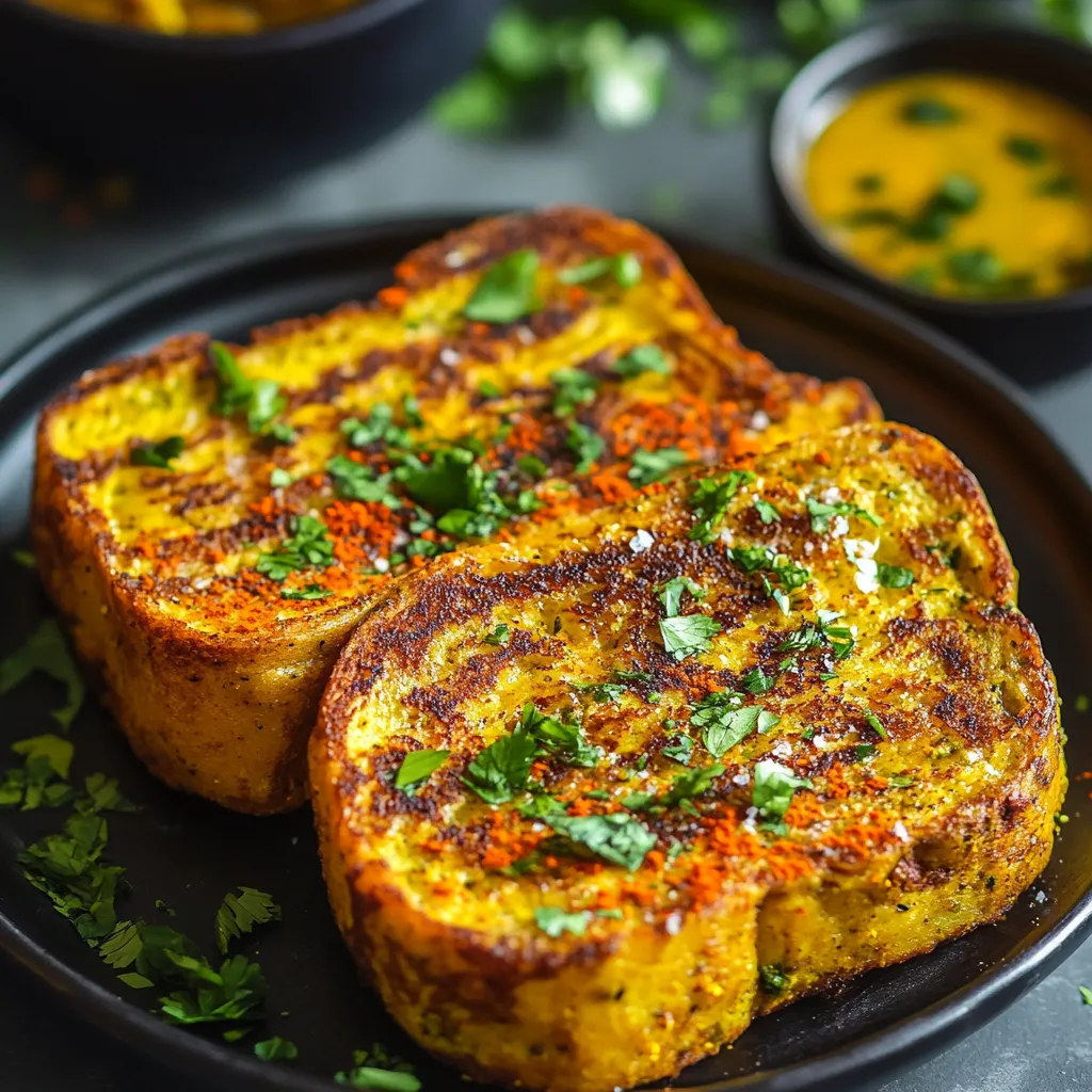 Deux morceaux de pain frit avec des herbes par-dessus.
