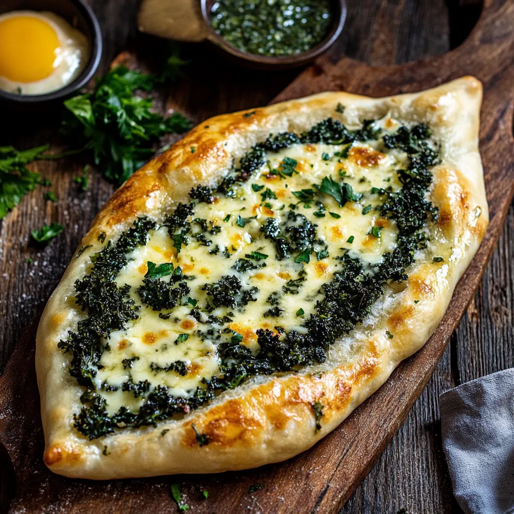 Pizza avec fromage et épinards sur une planche en bois.