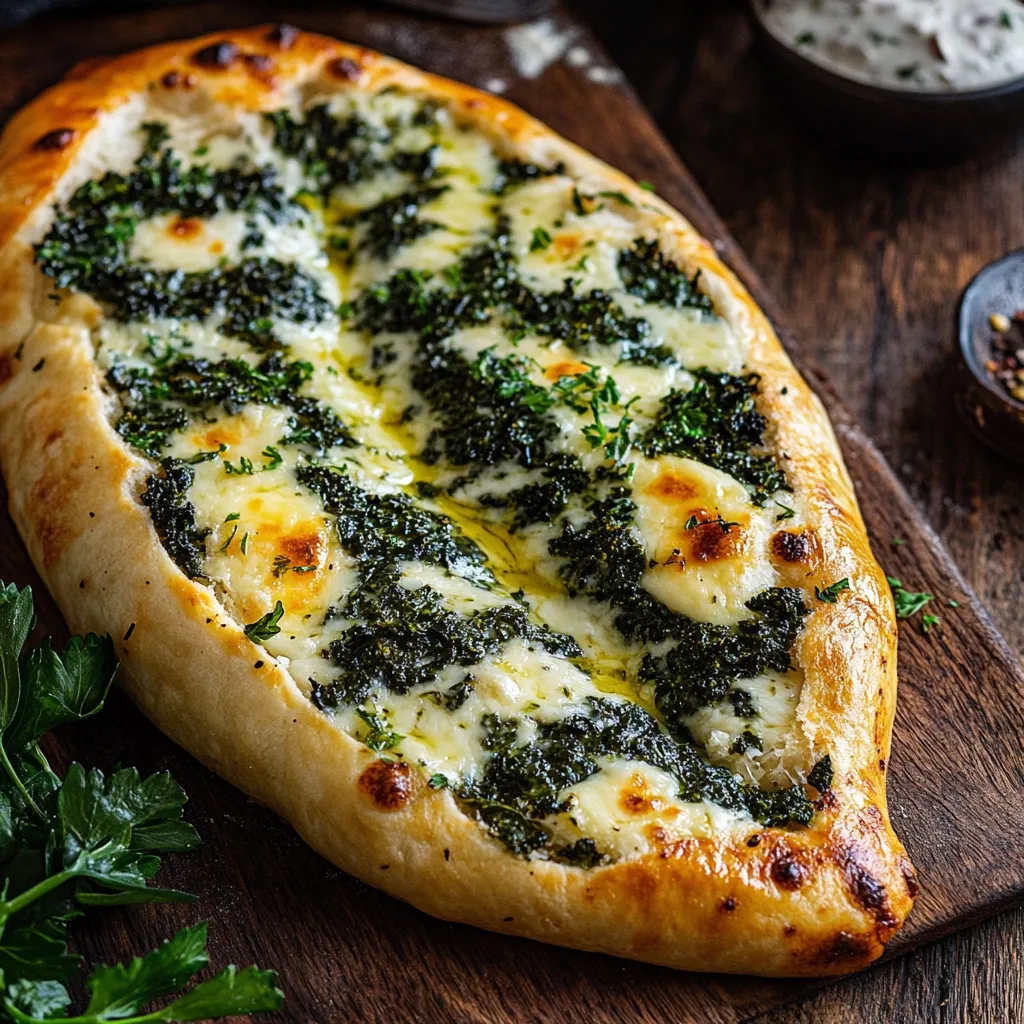 Une pizza avec épinards et fromage.