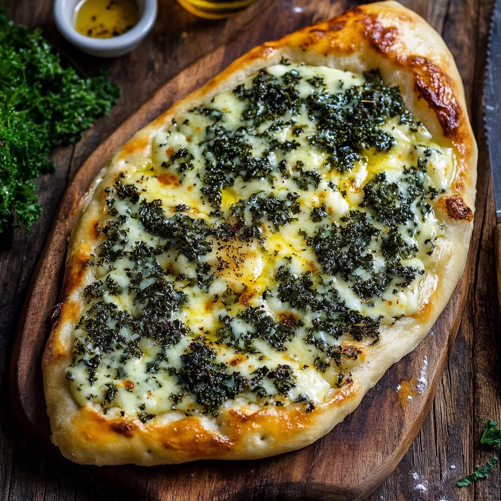 Une pizza avec fromage et épinards sur une planche en bois.