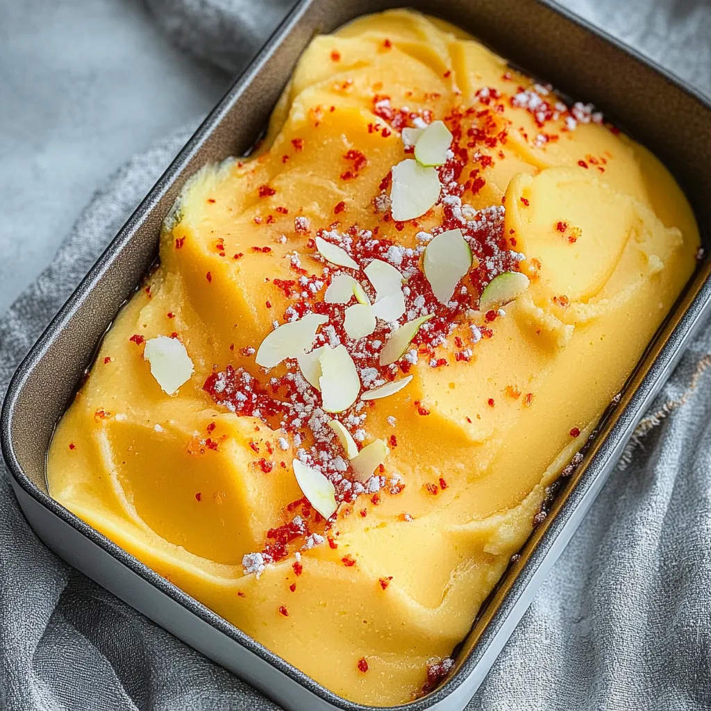 Un petit bac garni d’un dessert givré couleur mangue avec des éclats rouges dessus.