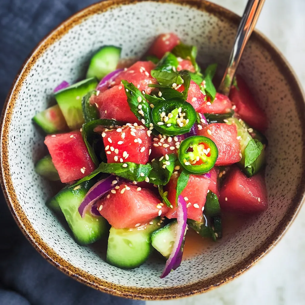 Un bol de salade fruitée avec pastèque, concombre et poivrons.