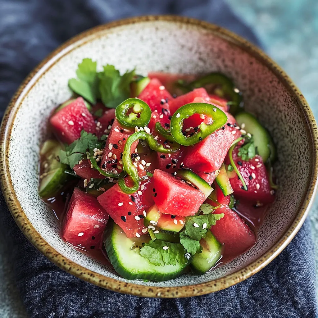 Un saladier de fruits avec pastèque, concombre et jalapeños.