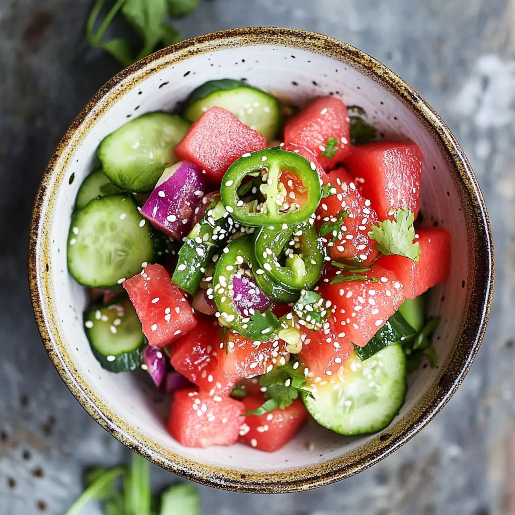 Un grand bol de fruits frais pastèque, concombres et piments.