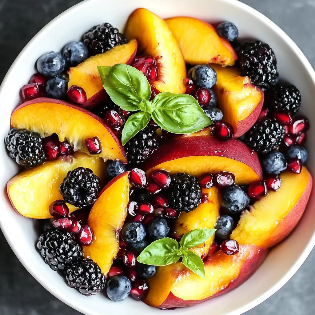 Un bol rempli de fruits avec des myrtilles, pêches et mûres.