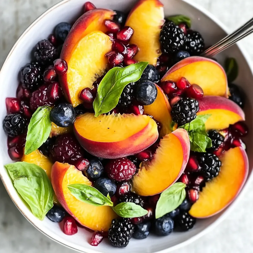 Un bol de fruits avec myrtilles, pêches et mûres.