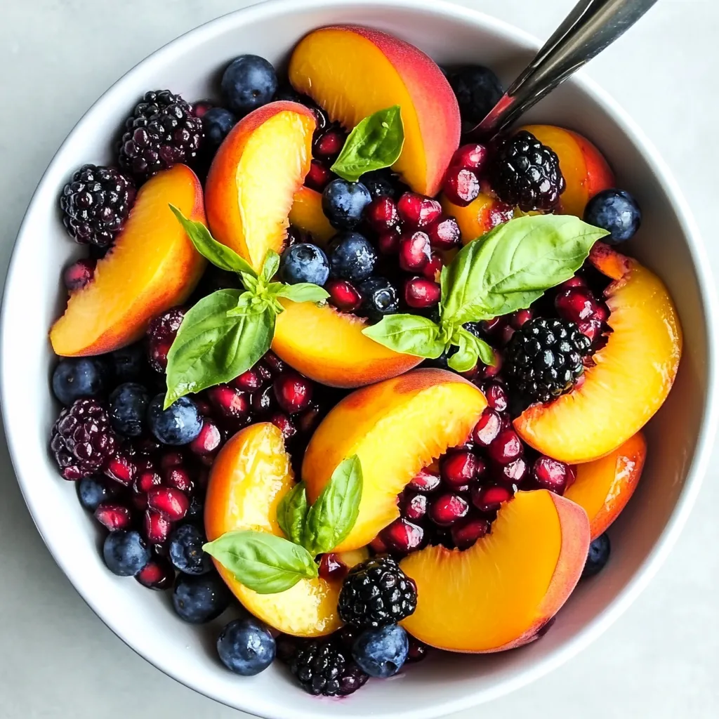 Un bol de fruits avec myrtilles, pêches et mûres.