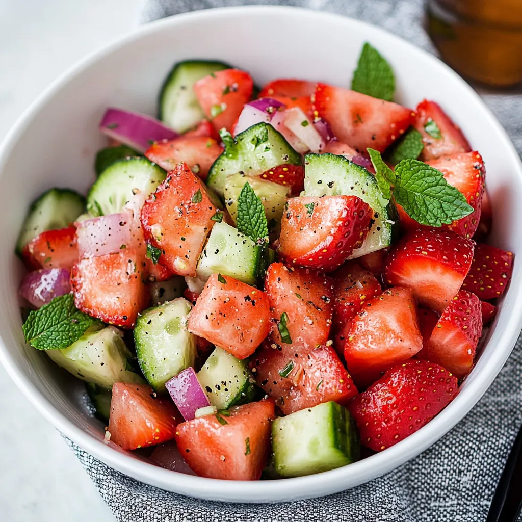 Un saladier de fruits frais avec fraises, concombres et tomates.