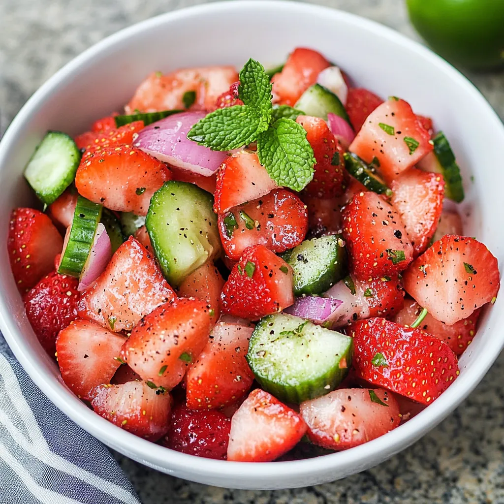 Un saladier rempli de fraises, de concombre et de quartiers de citron vert.