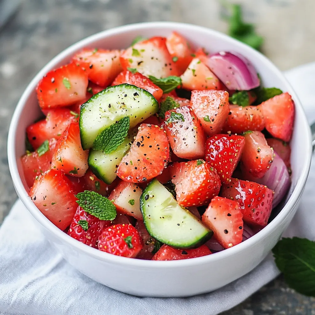 Un bol garni de fraises, de concombre et d’oignons rouges.