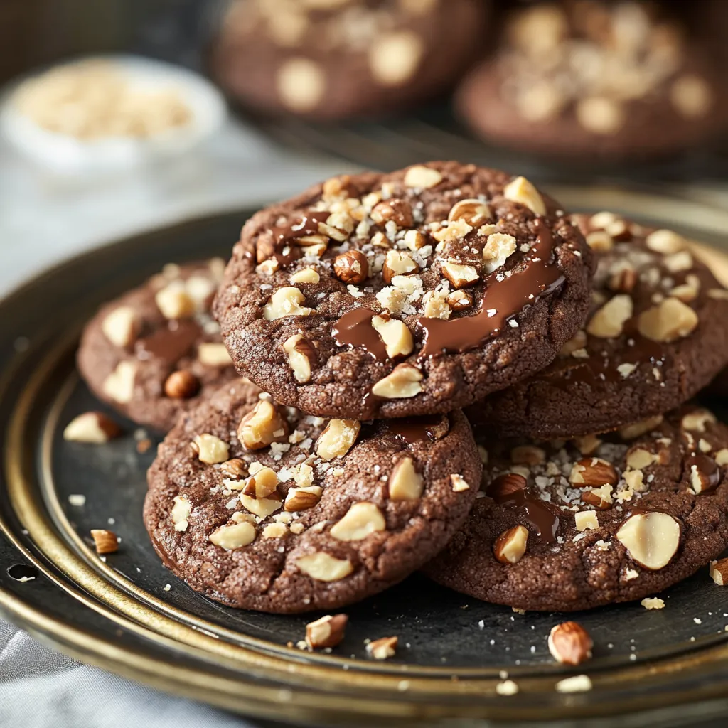 Une assiette de biscuits au chocolat garnis de noisettes.
