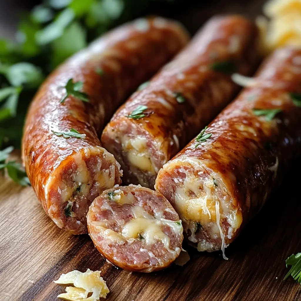 Cheese-filled sausages on a wooden tabletop.