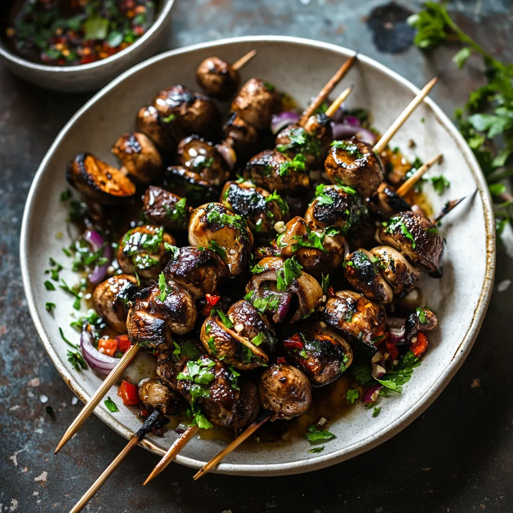 Une assiette de champignons avec des oignons et des poivrons sur une table.