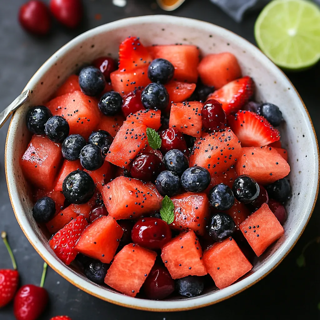 Un grand bol rempli de myrtilles, fraises et gros morceaux de melon.