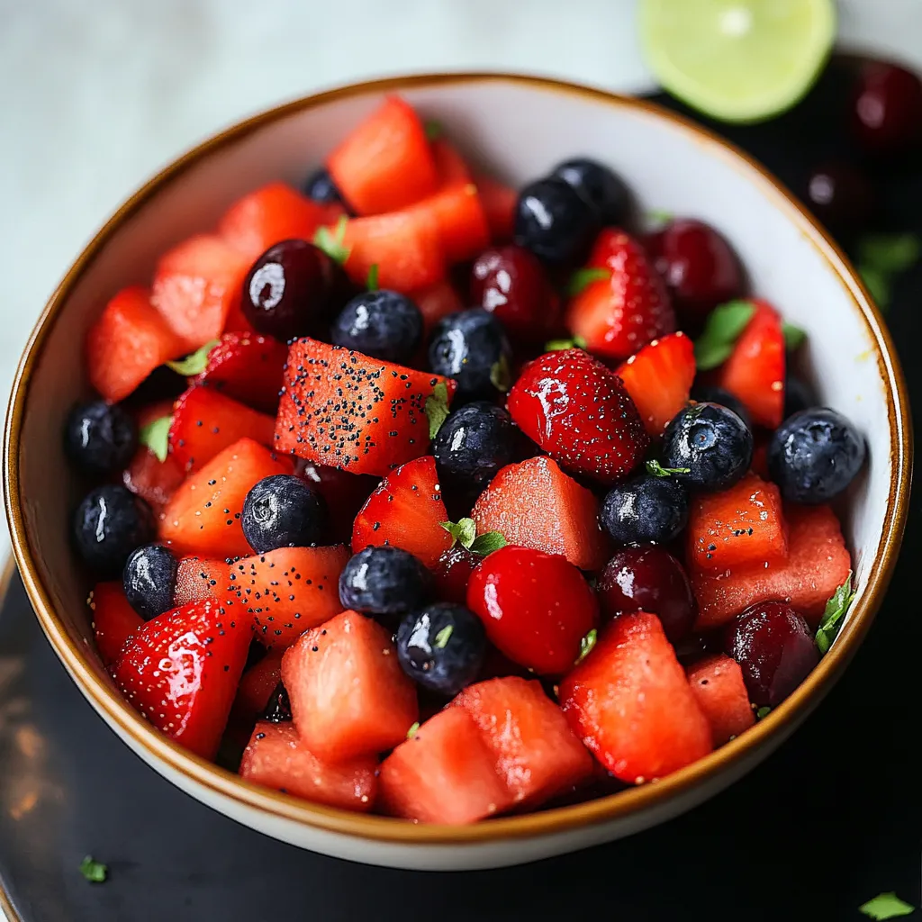 Un saladier rempli de fraises, bleuets et pastèque.