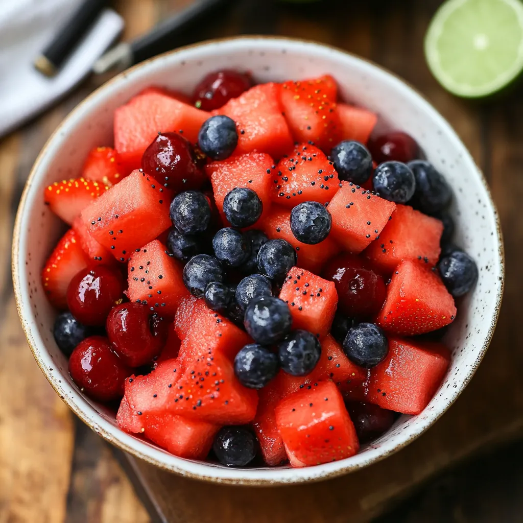 Un saladier de fruits avec bleuets et pastèque.