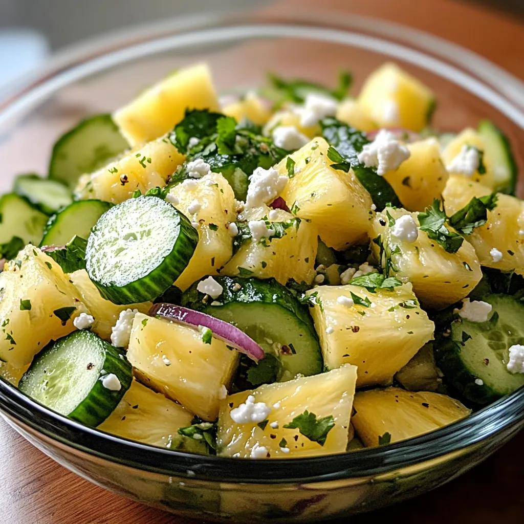 Un bol de salade de fruits avec concombre et ananas.
