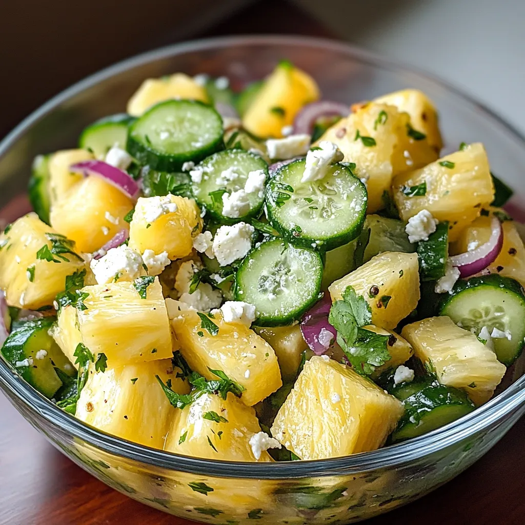 Un bol de salade de fruits avec concombre et ananas.
