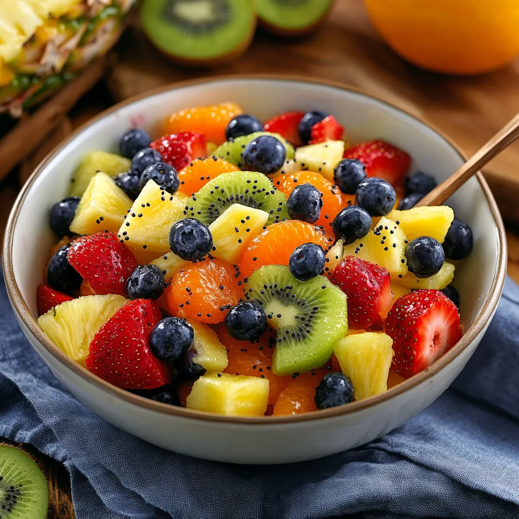 Un bol coloré de fruits frais avec kiwi, fraises, oranges et myrtilles.