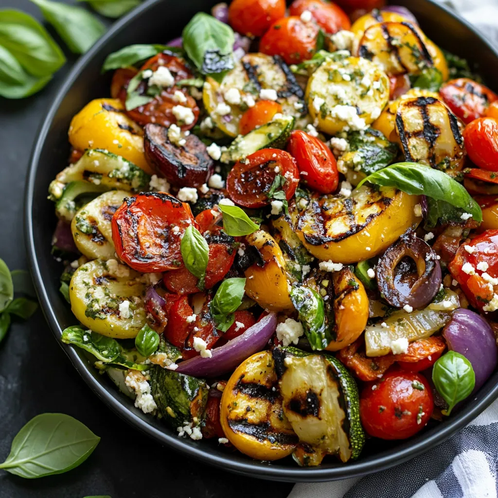 Un grand bol de légumes colorés avec tomates, courgette et basilic.