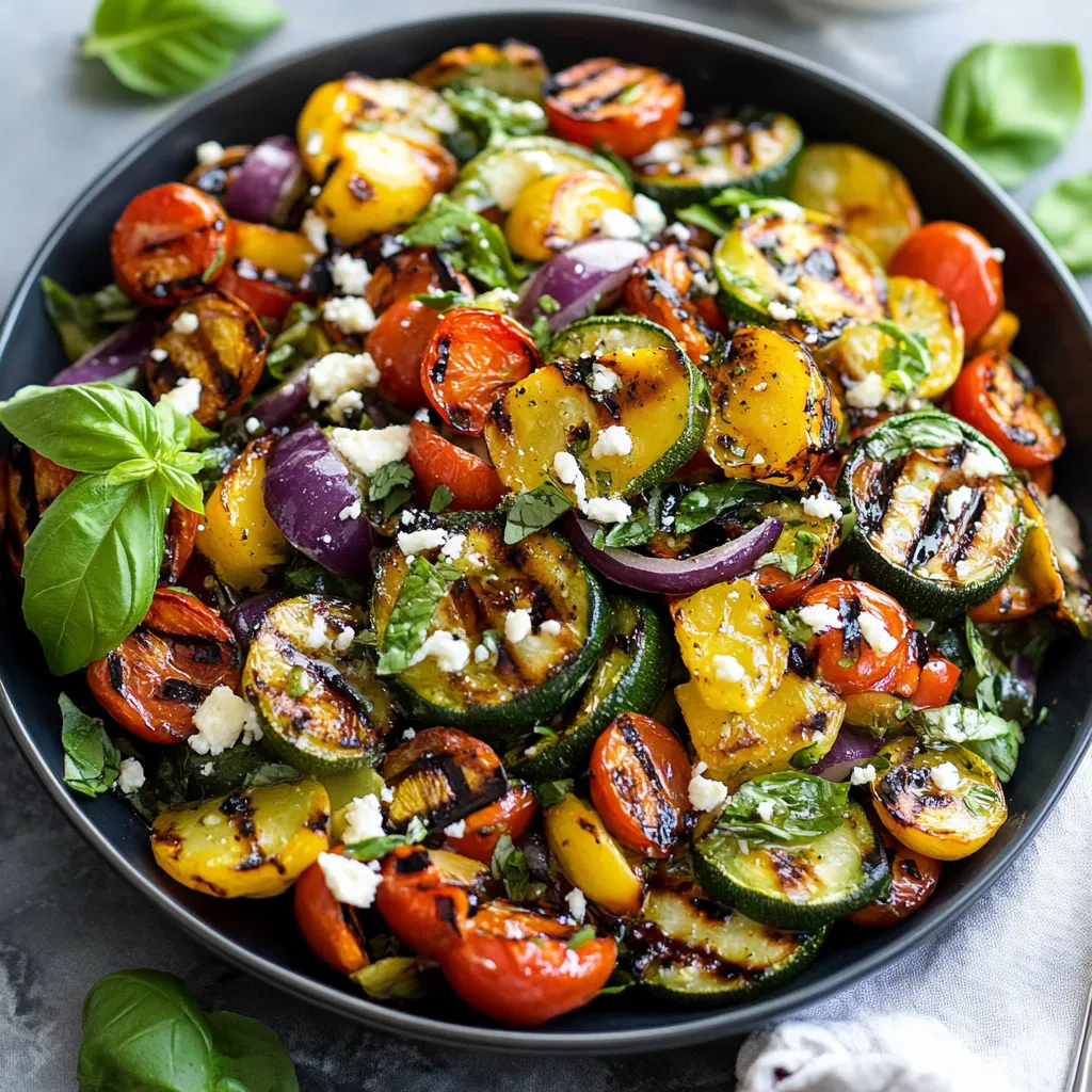 Un bol de légumes avec du fromage de chèvre émietté et du basilic.