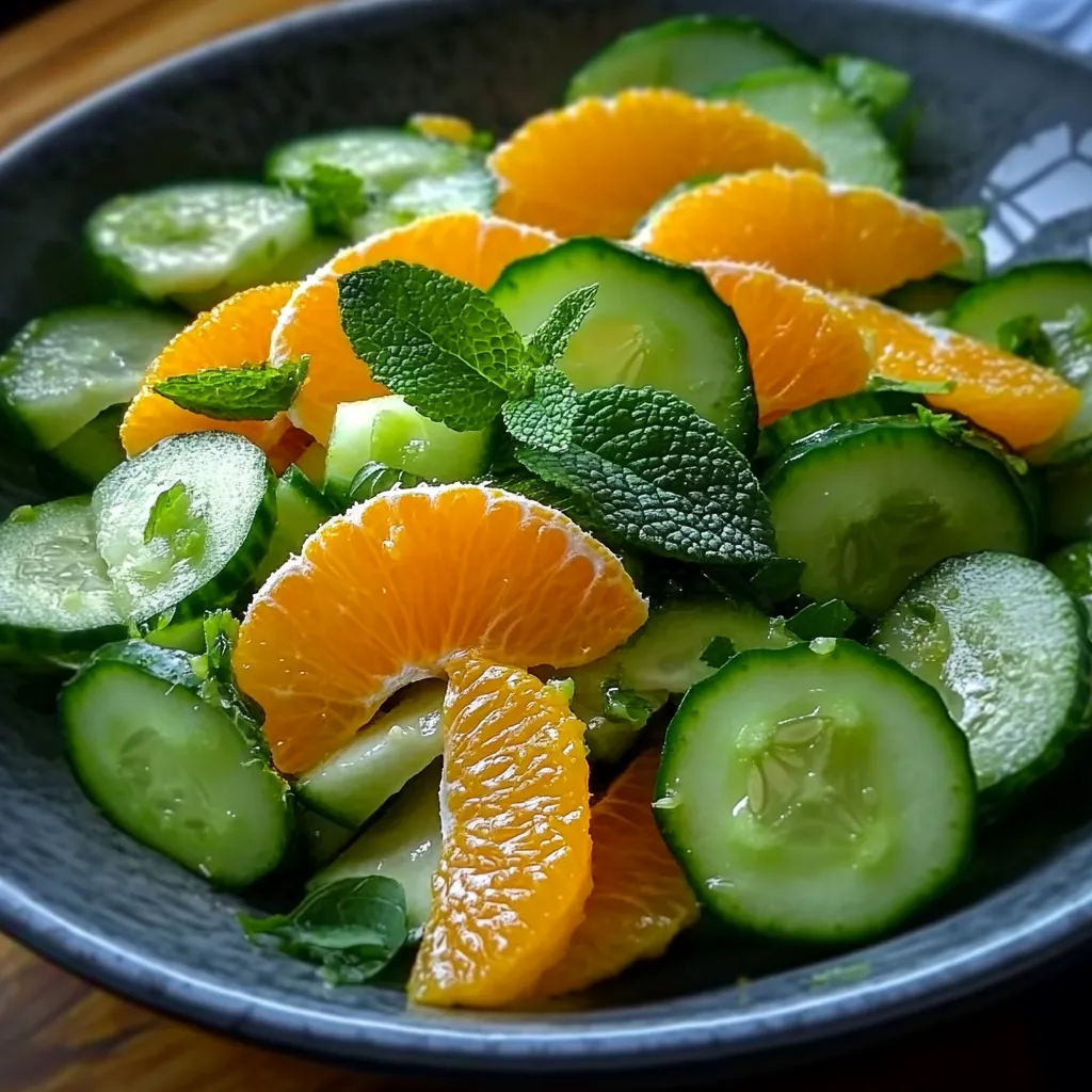 Un bol de rondelles d’oranges et de concombres.